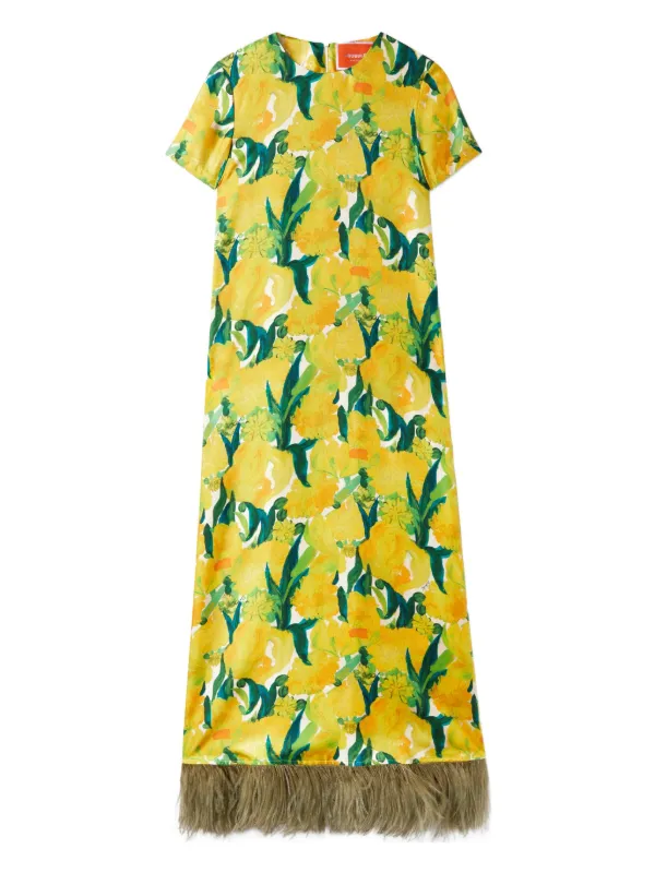 green bridesmaid dress uk La Mendola 1970s Green & Blue Feather Print Silk Jersey Dress –  Featherstone Vintage main image 0