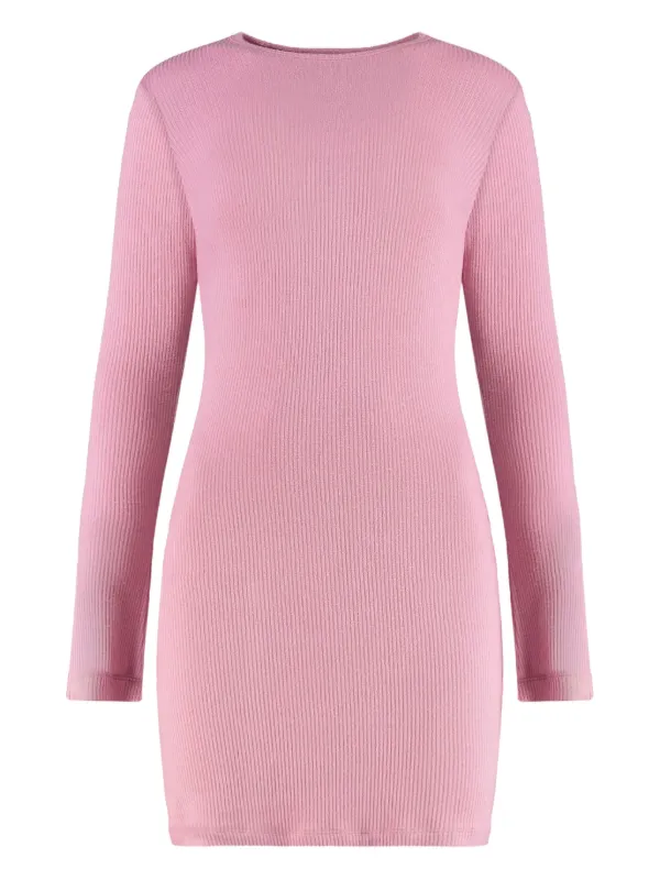 pink ribbed long sleeve dress Long-Sleeve Ribbed Sweater Midi Dress
