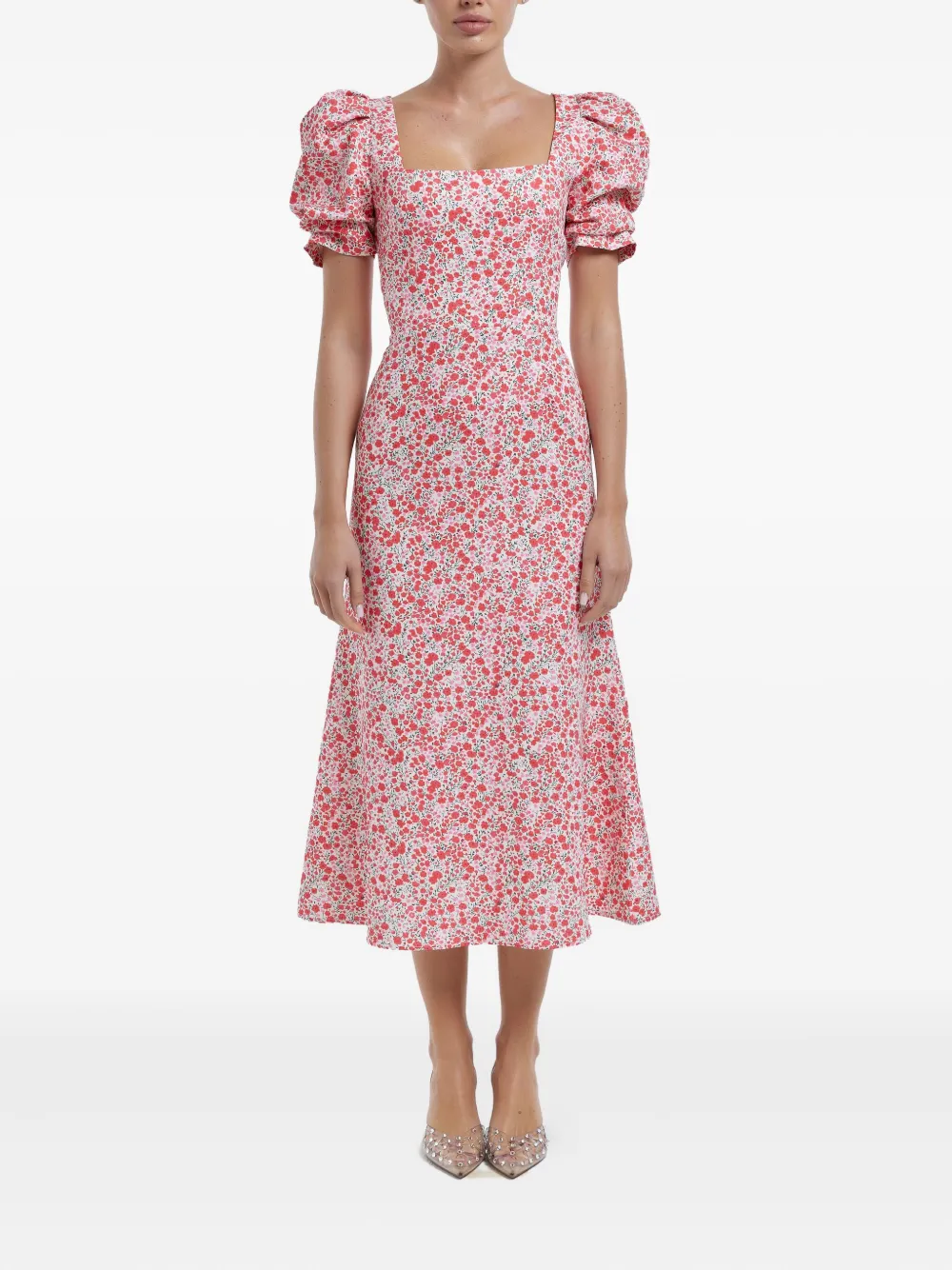 POST MERIDIEM Midi-jurk met vierkante hals en godet silhouette - Rood