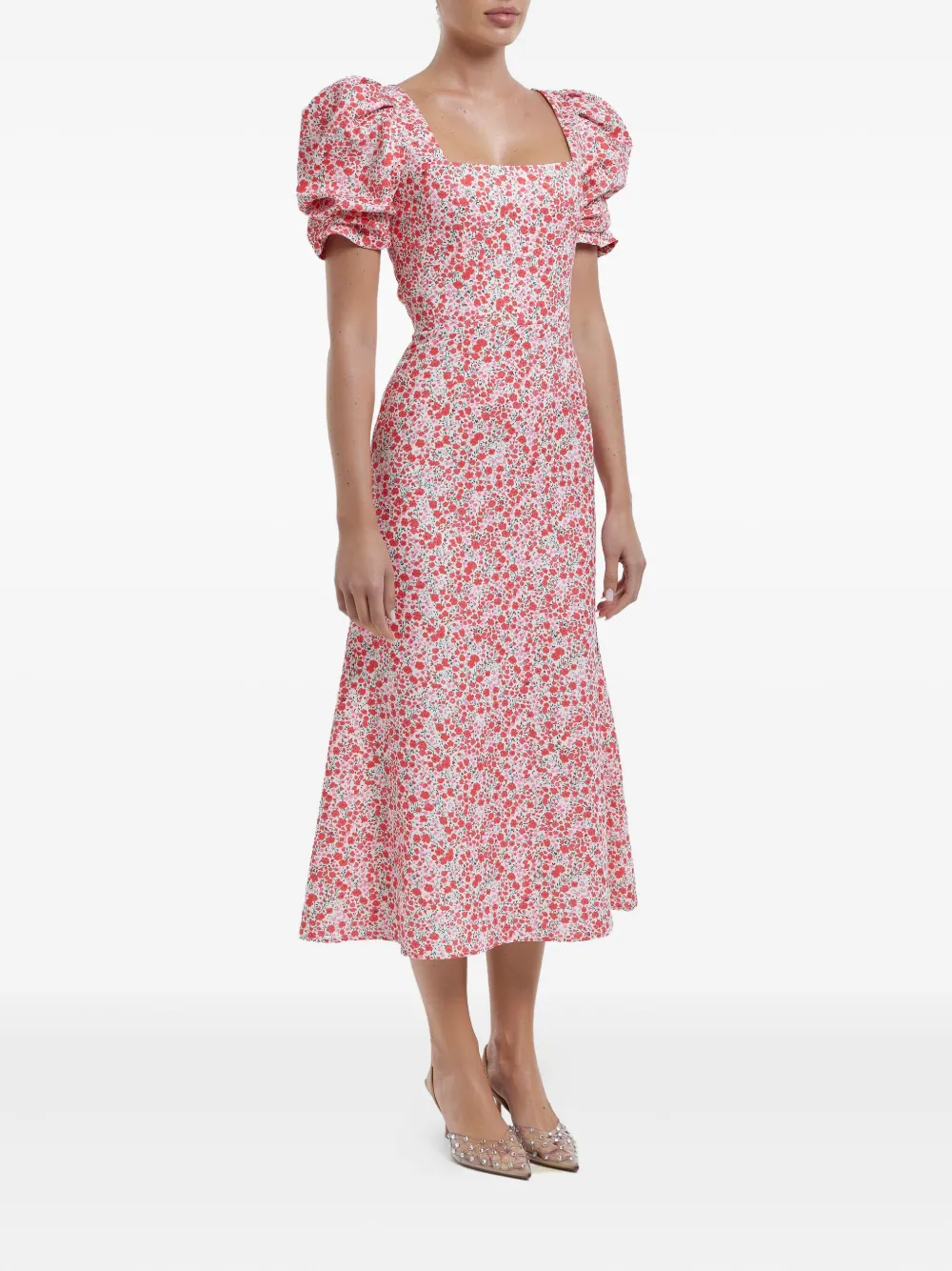 Shop Post Meridiem Godet-silhouette Square-neck Midi Dress