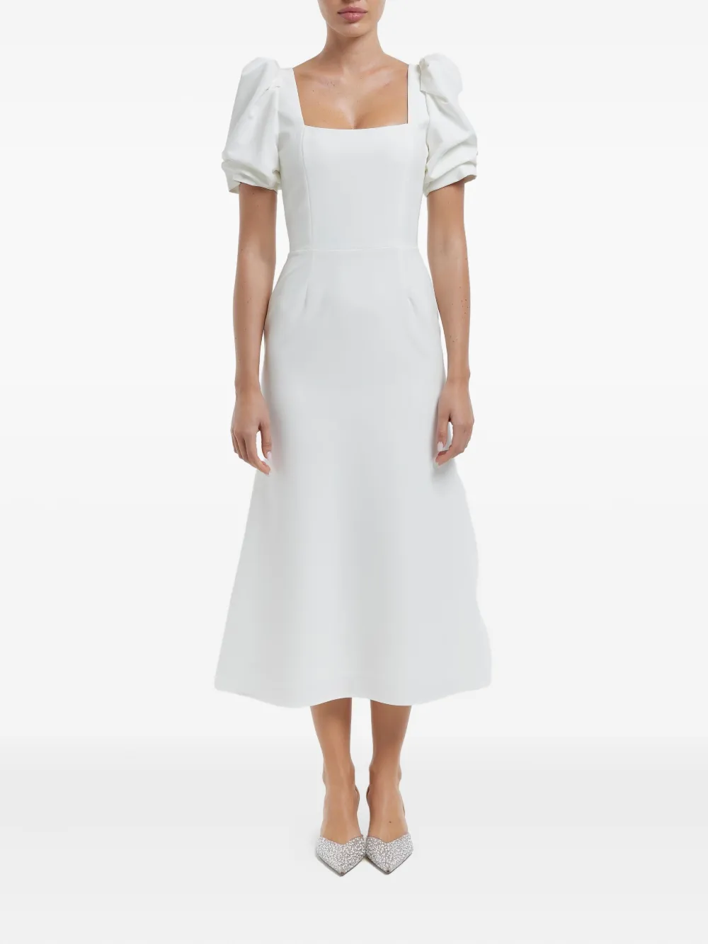 POST MERIDIEM Midi-jurk met vierkante hals en godet silhouette - Wit