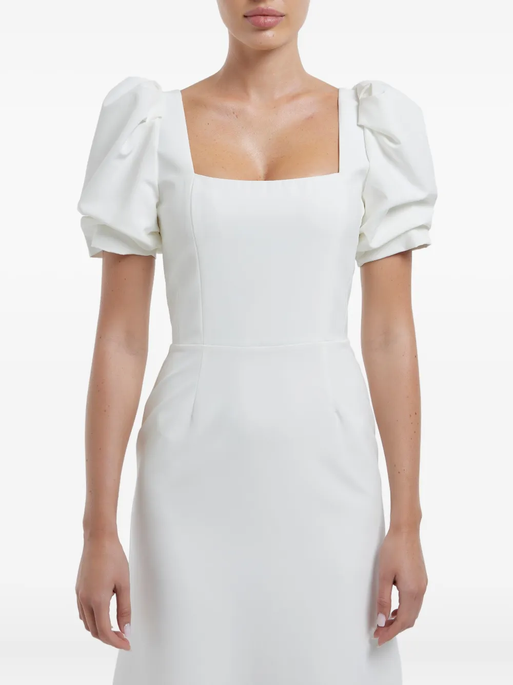 Shop Post Meridiem Godet-silhouette Square-neck Midi Dress