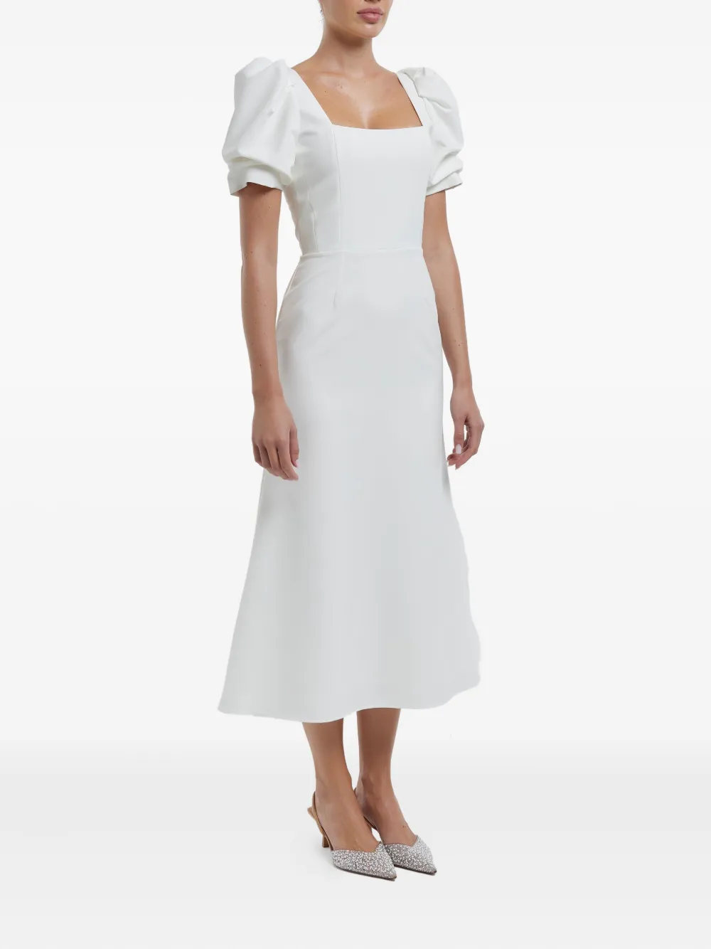 Shop Post Meridiem Godet-silhouette Square-neck Midi Dress