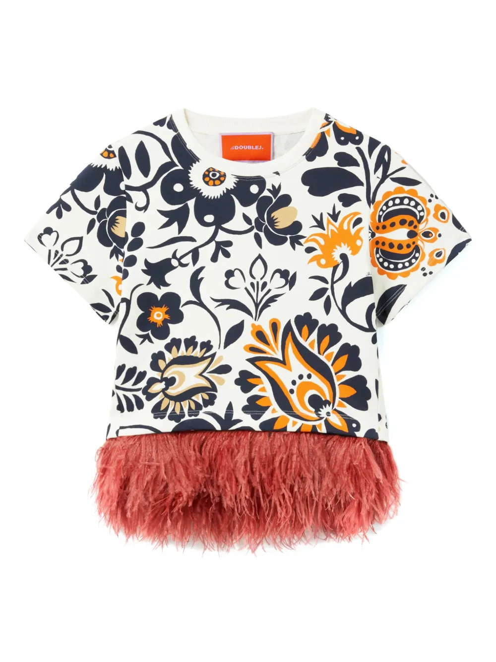 La Doublej La Scala Feather-trimmed Floral-print T-shirt