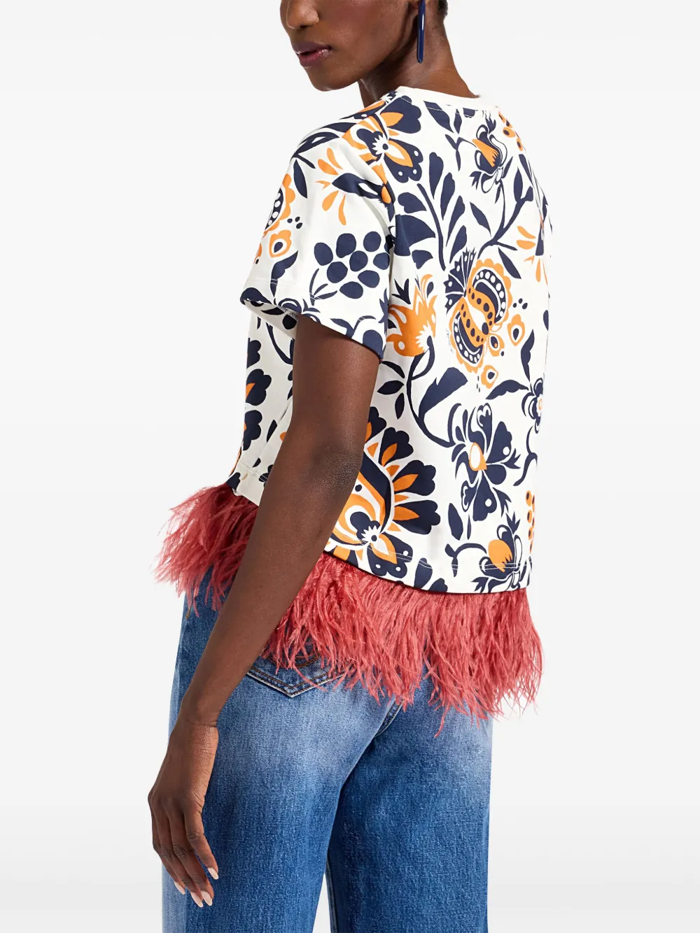 La DoubleJ La Scala T-shirt met bloemenprint en veren afwerking Wit
