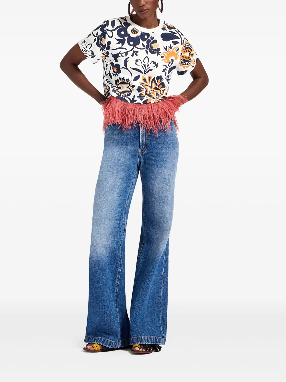 La DoubleJ La Scala T-shirt met bloemenprint en veren afwerking Wit