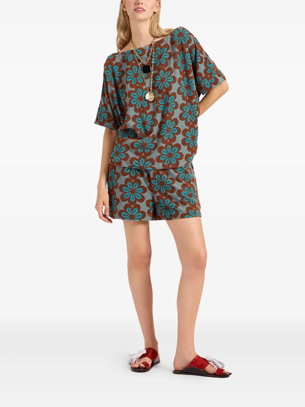La DoubleJ Meditation flower-intarsia boat-neck T-shirt Groen