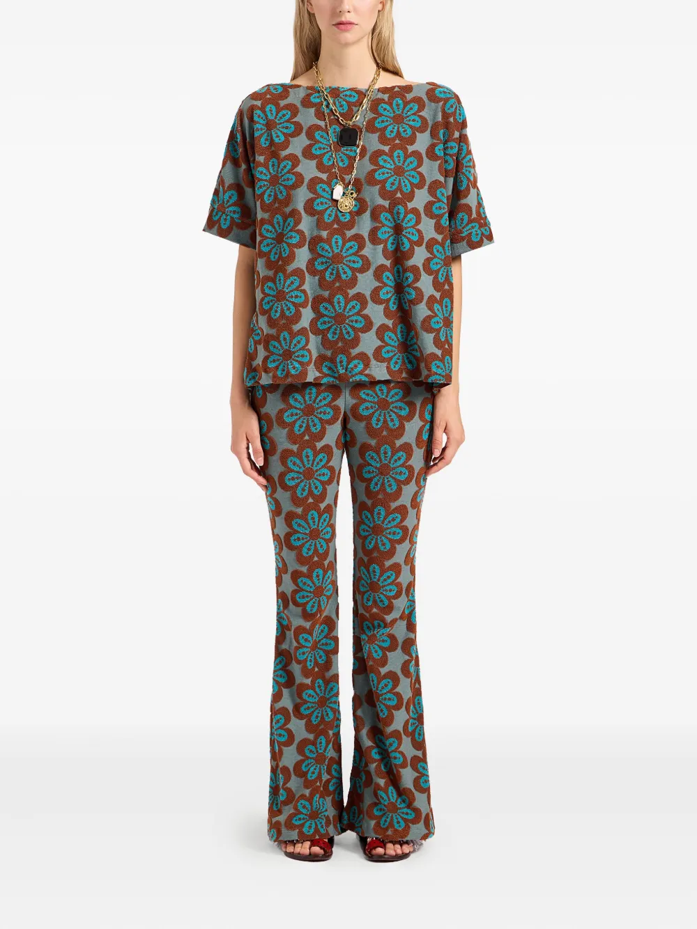 La DoubleJ New Meditation flower-print flared trousers Groen
