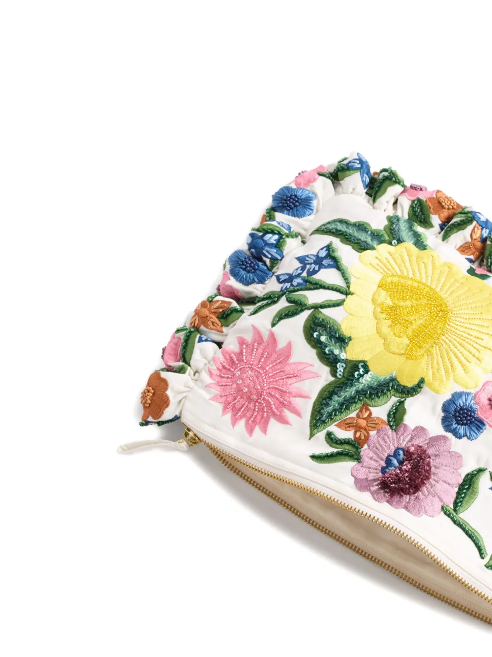 La DoubleJ small floral-embroidery ruffled-detail clutch bag Wit