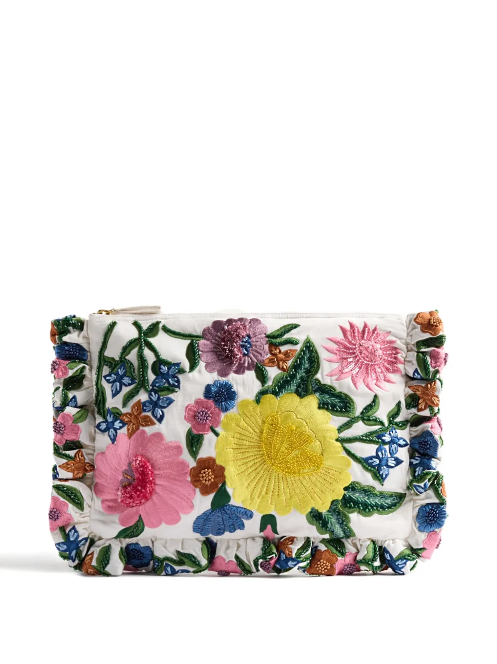 La Doublej Small Floral-embroidery Ruffled-detail Clutch Bag In White