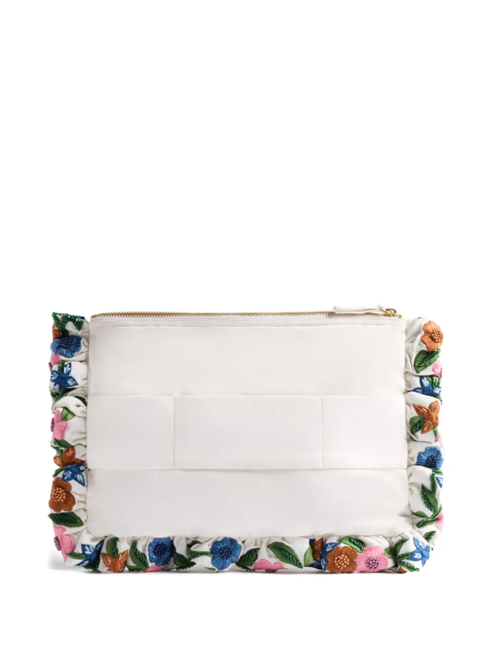 La DoubleJ small floral-embroidery ruffled-detail clutch bag Wit