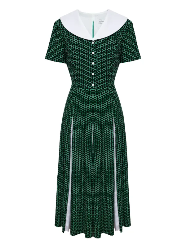 green contrast dress Green Contrast Stripe Trim V Neck Puff Sleeve Dress