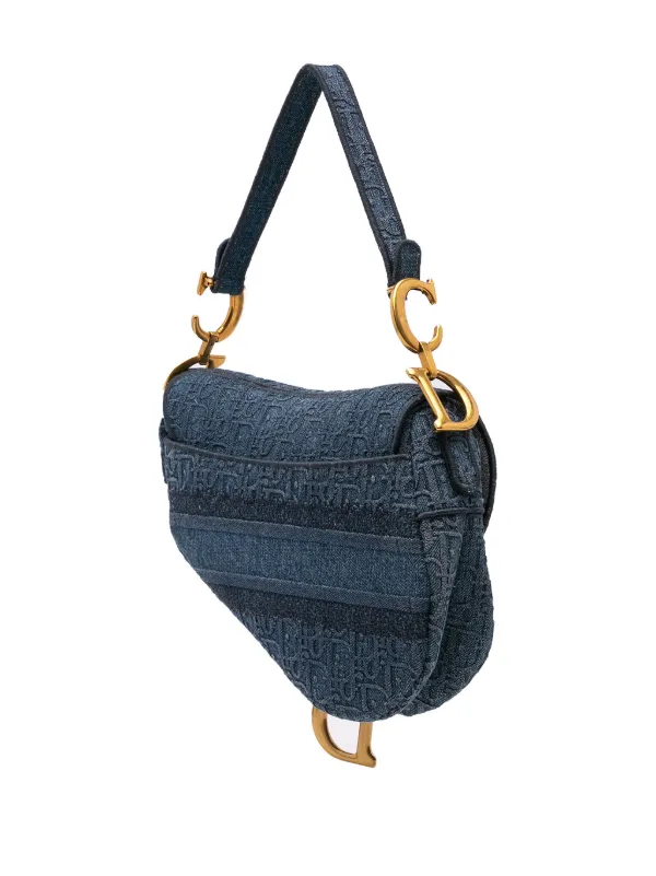 Christian Dior Pre-Owned 2019 Oblique Embroidered Denim Saddle Bag