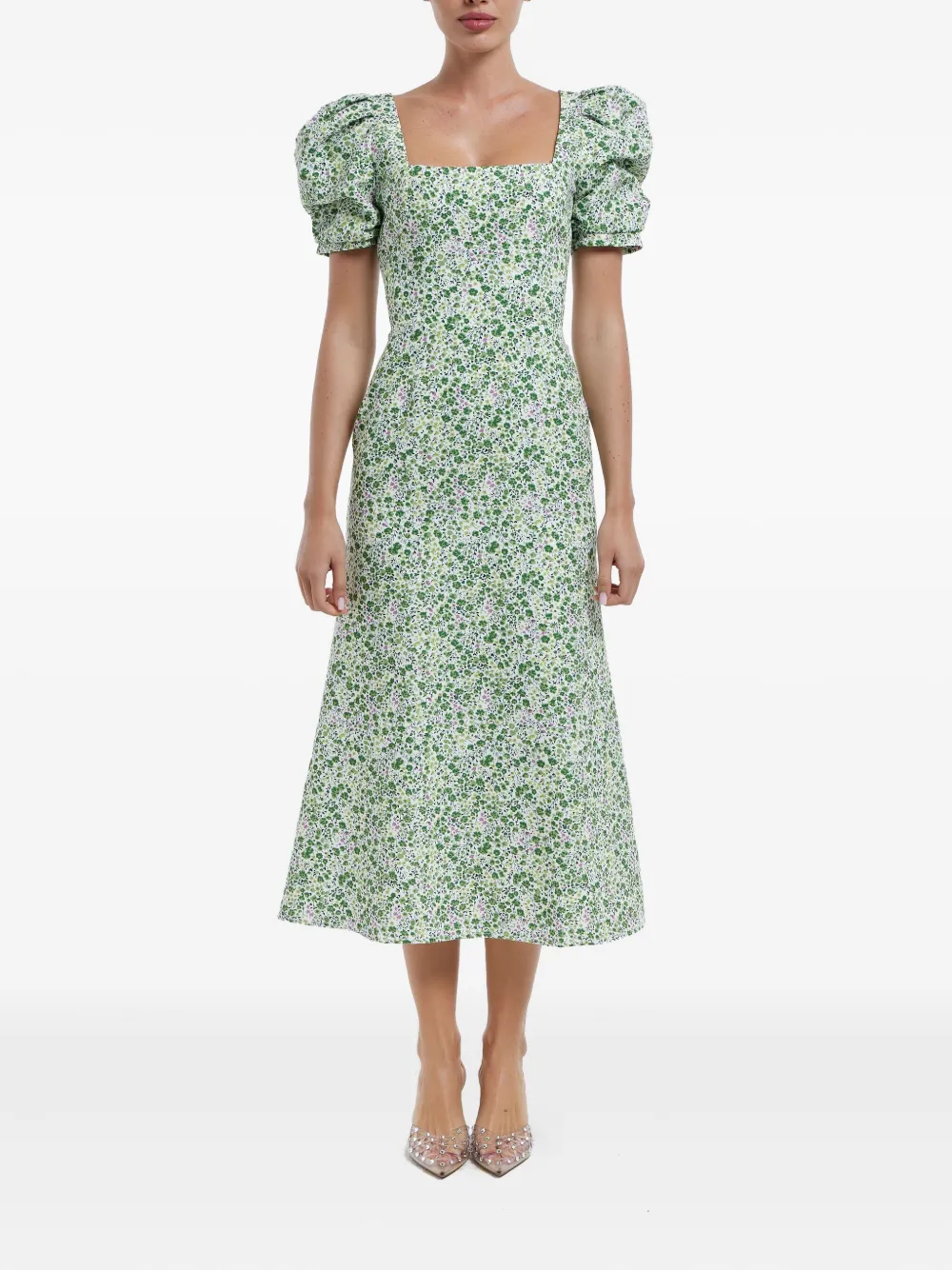 POST MERIDIEM godet-gilhouette square-neck midi dress - Groen