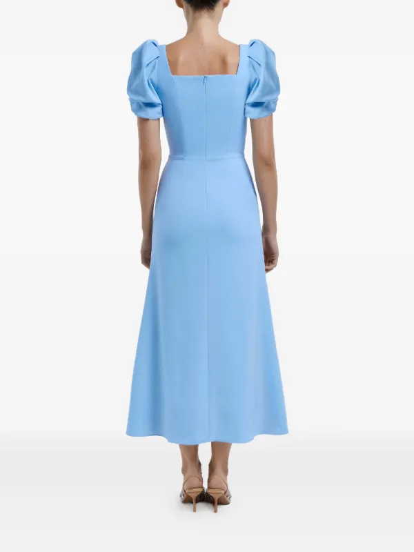 knee length dresses for ladies Blue Linen Blend Square Neck Midi Dress