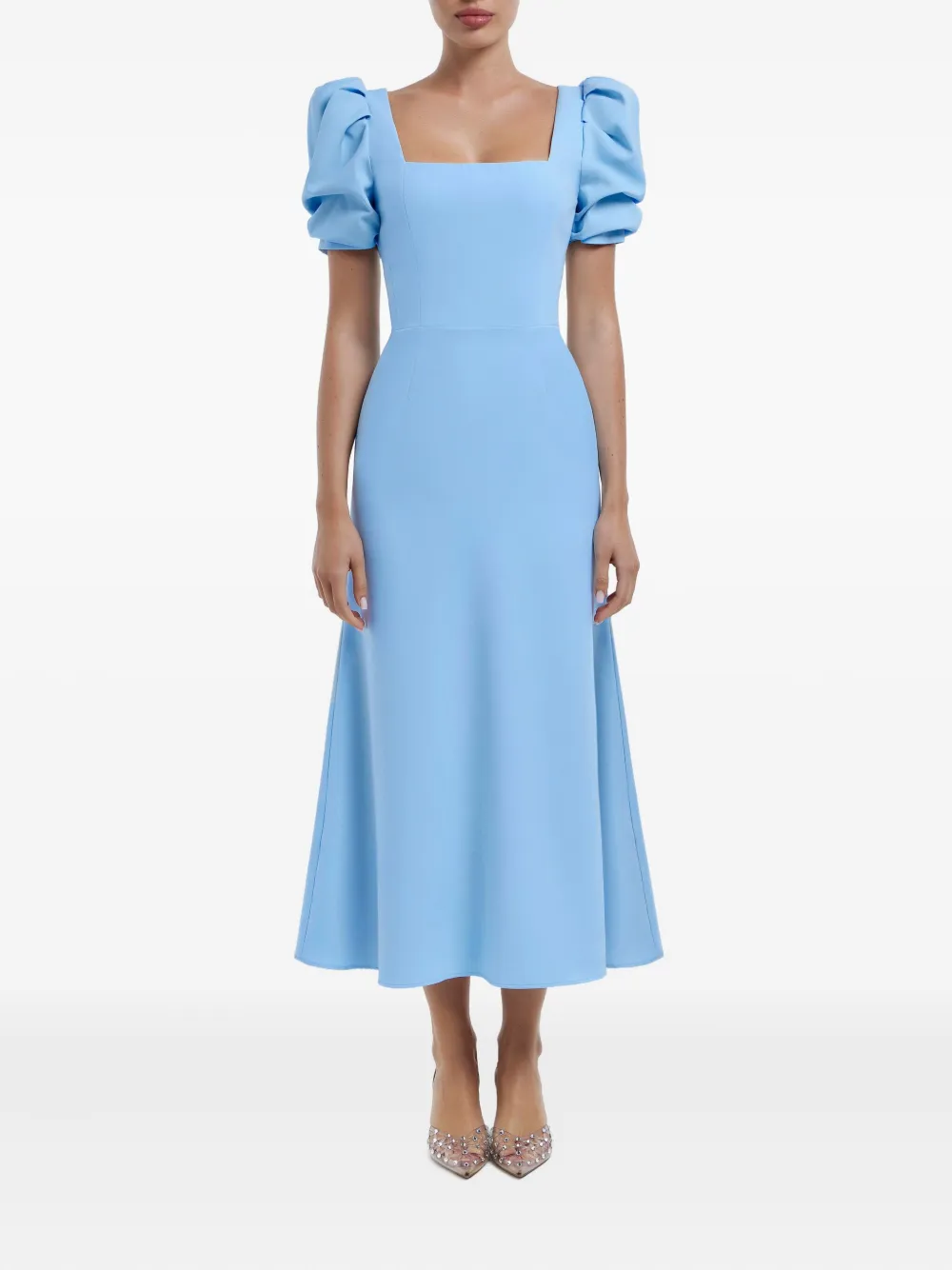 POST MERIDIEM Midi-jurk met vierkante hals en godet silhouette - Blauw