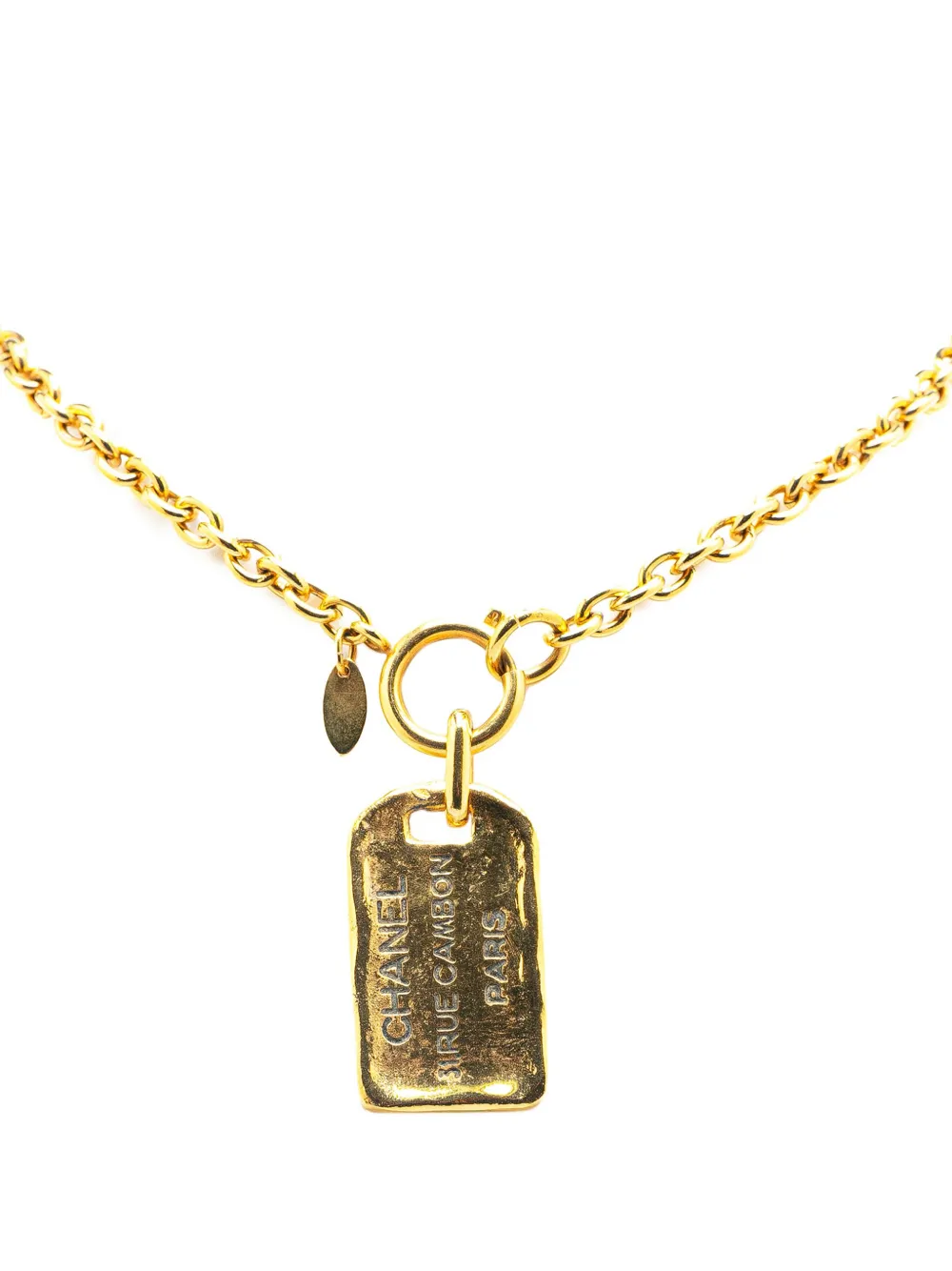 Pre-owned Chanel 1970-1980 Gold Plated 31 Rue Cambon Dog Tag Pendant Necklace Costume Necklace