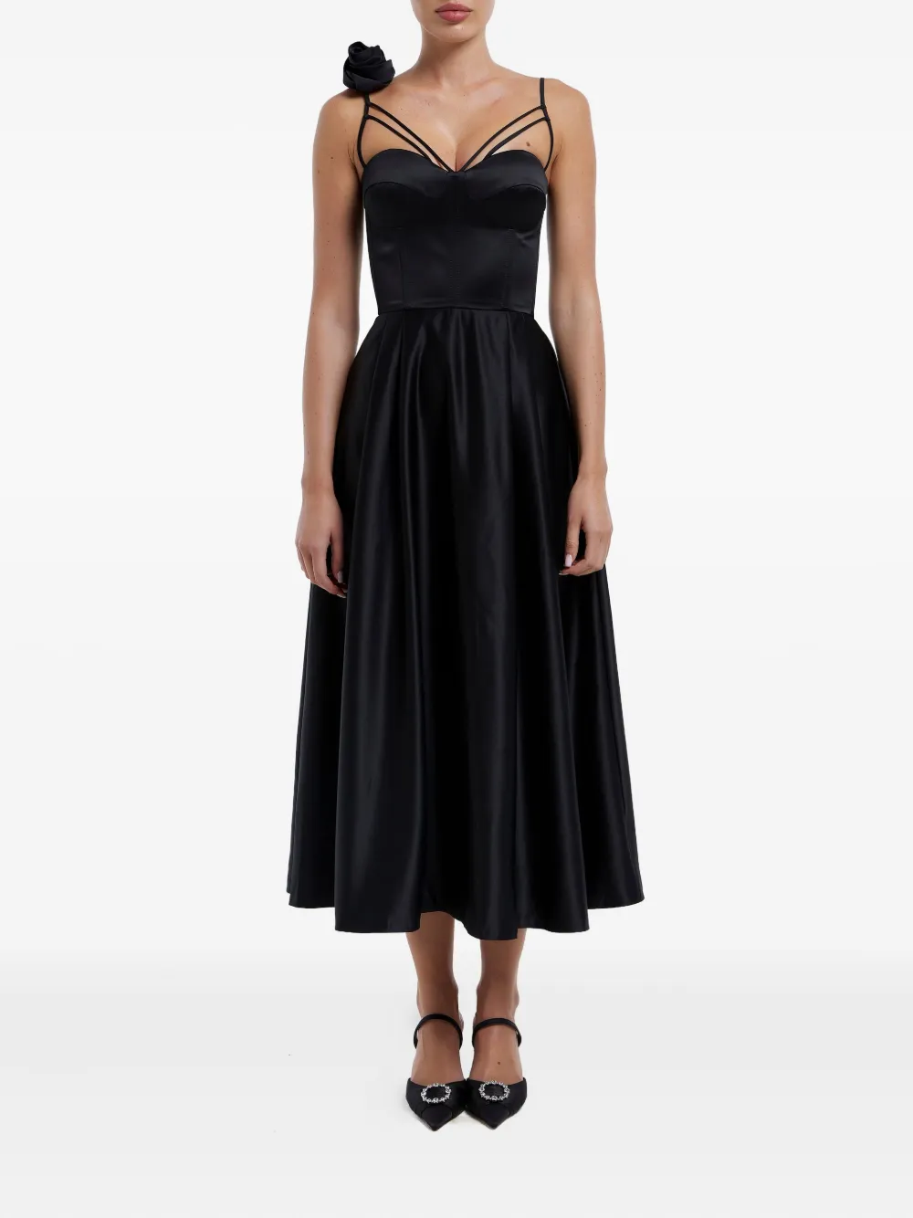 POST MERIDIEM Korset midi-jurk met roosdetail - Zwart