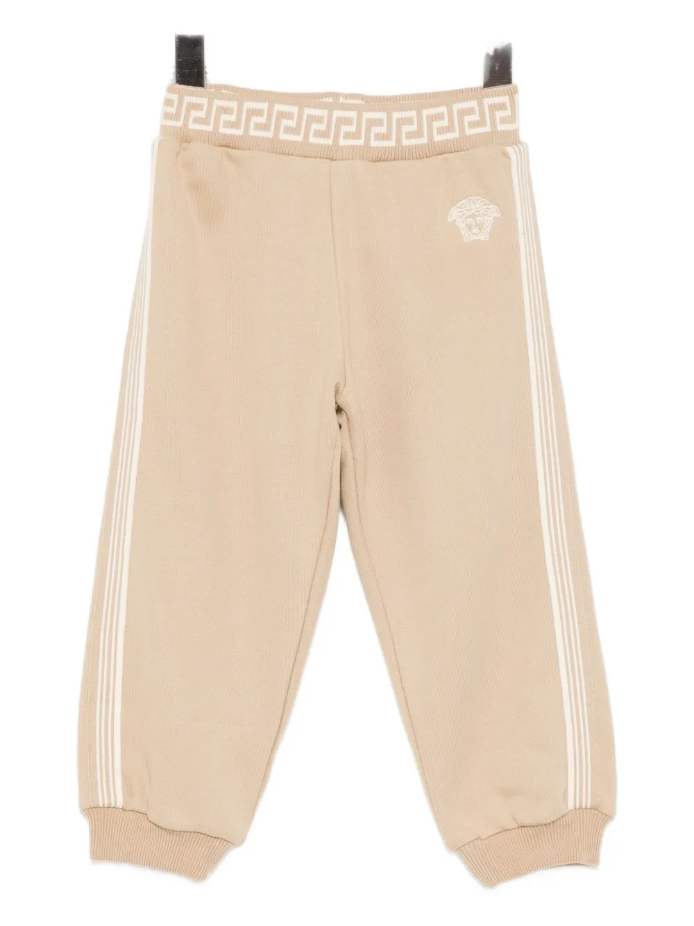 Versace Embroidered-logo Cotton Trackpants In Neutral