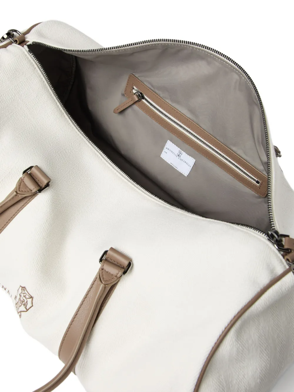 Brunello Cucinelli Reistas met leren afwerking en chevron streep Beige