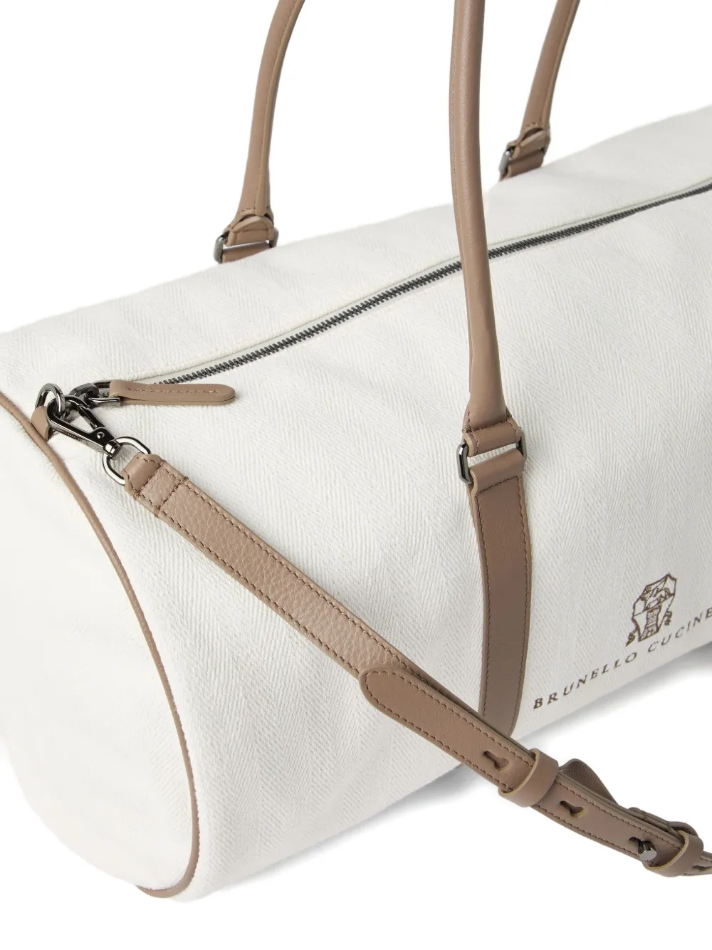 Brunello Cucinelli Reistas met leren afwerking en chevron streep Beige