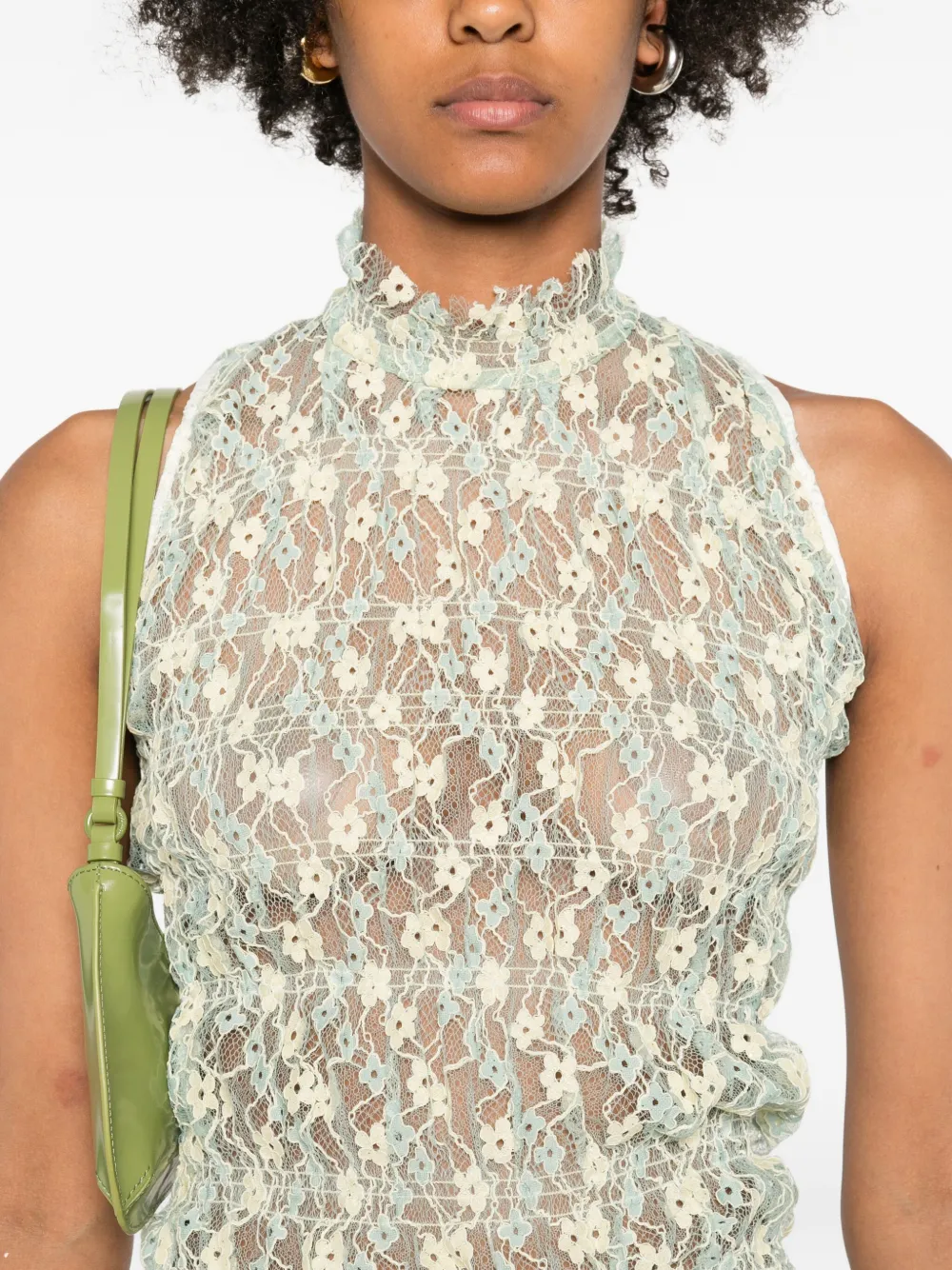 Roberta Einer Mini-jurk met bloemenkant en hoge hals Groen