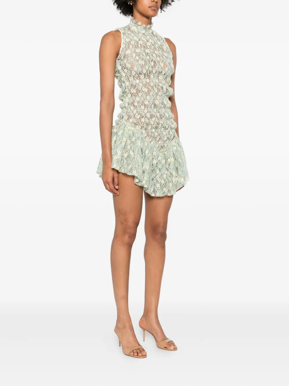 Roberta Einer Mini-jurk met bloemenkant en hoge hals Groen