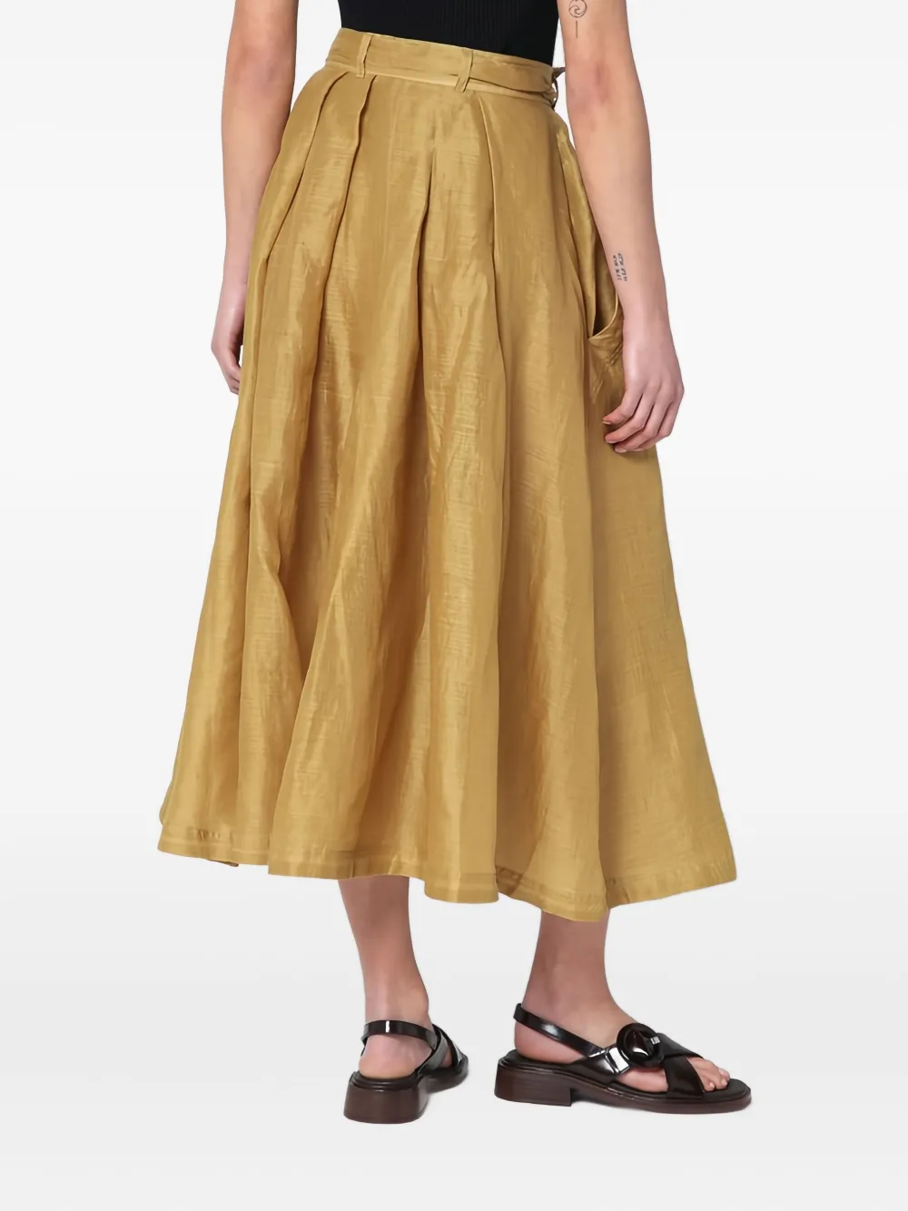 Mark Kenly Domino Tan Tie-waist Pleated Midi Skirt