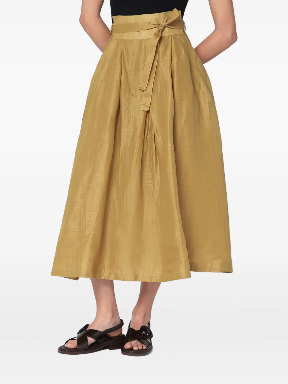 Mark Kenly Domino Tan Tie-waist Pleated Midi Skirt