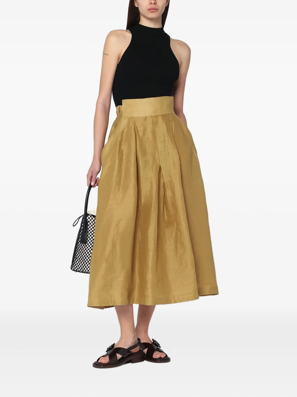 Mark Kenly Domino Tan Tie-waist Pleated Midi Skirt
