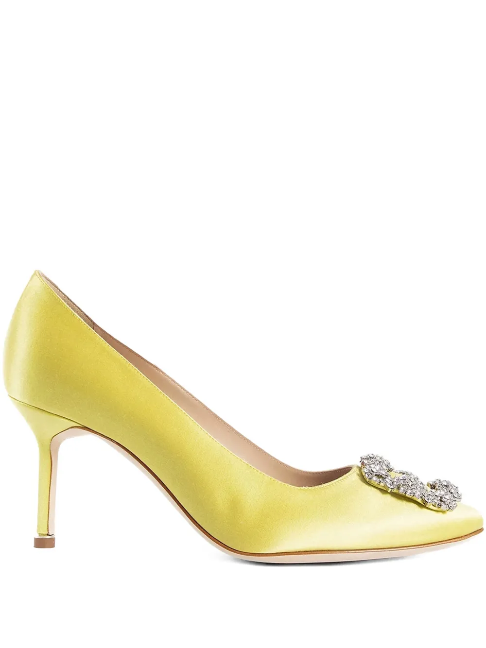 Manolo Blahnik 70 mm Hangisi satijnen pumps met kristallen gesp Geel