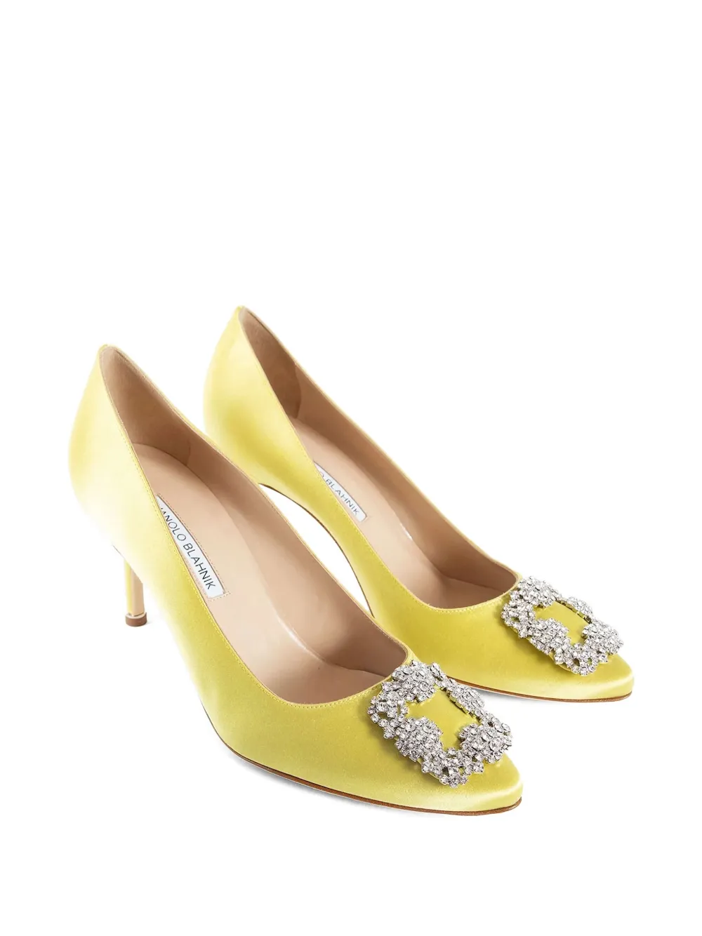 Manolo Blahnik 70 mm Hangisi satijnen pumps met kristallen gesp Geel