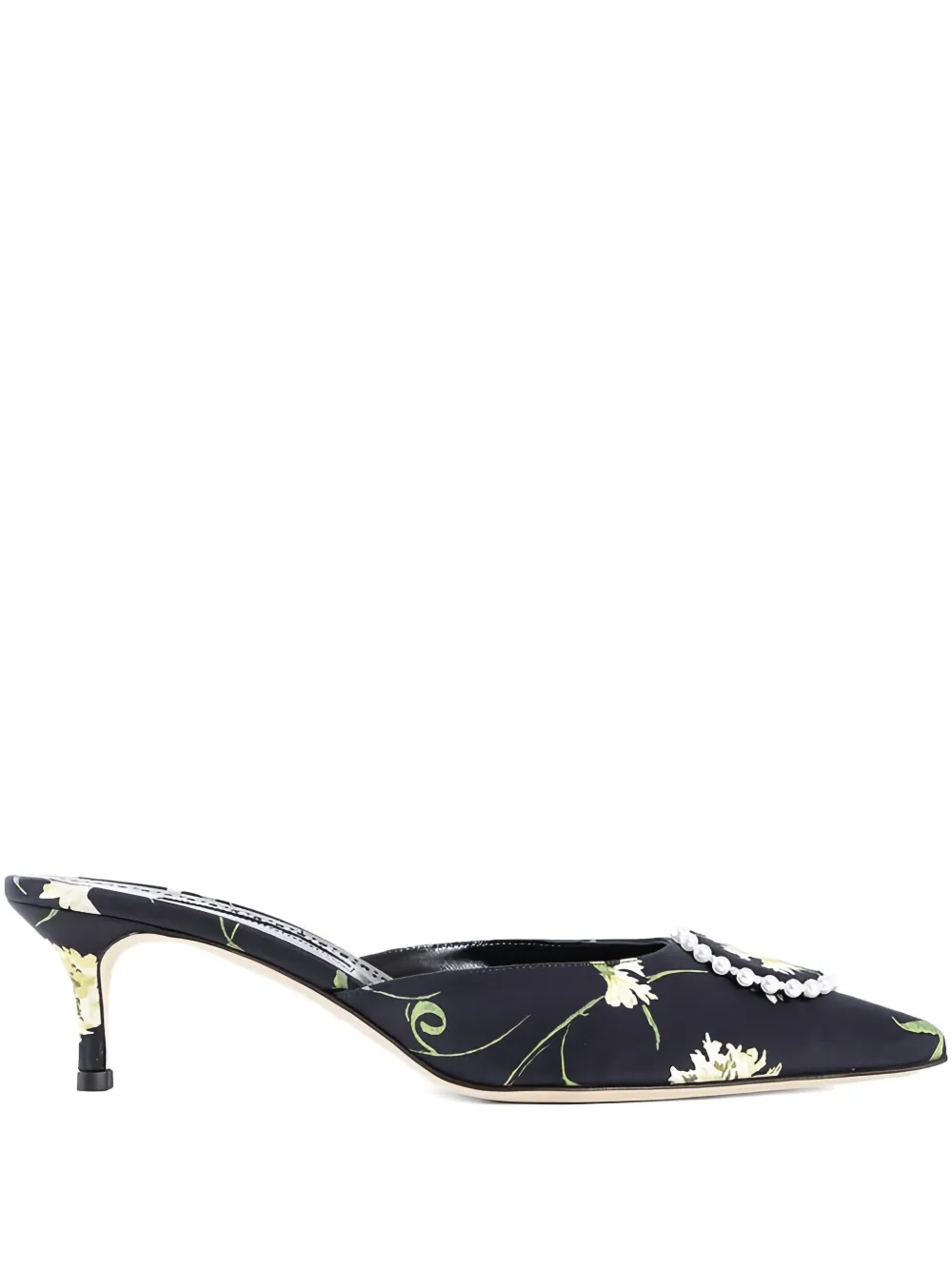 Manolo Blahnik Muiltjes met bloemenprint en parels Zwart