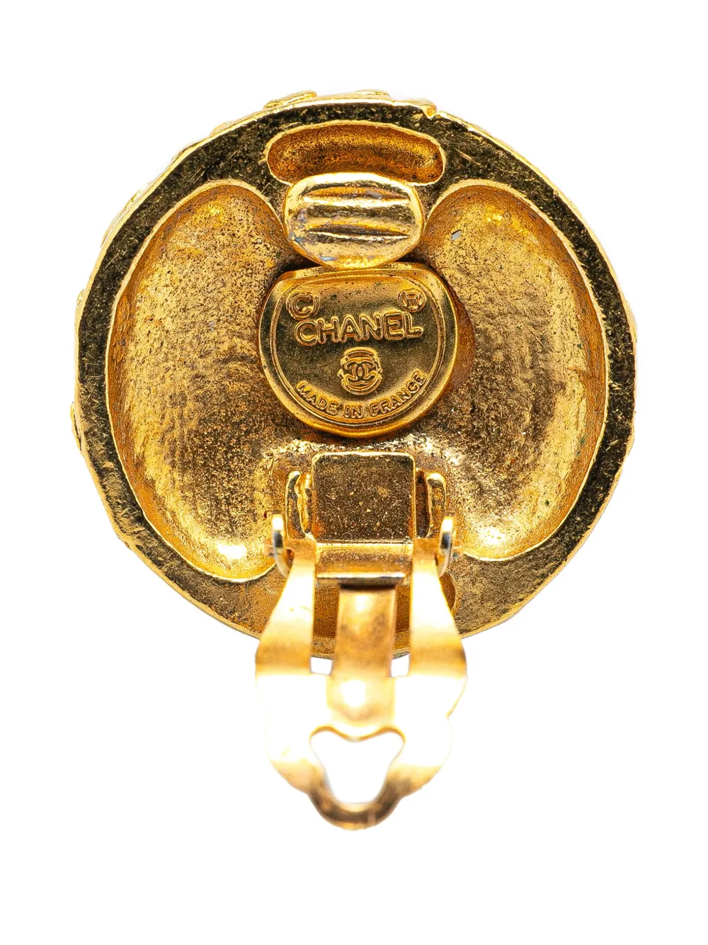 Pre-owned Chanel 1970-1980 Gold Plated Gripoix Round Clip On Earrings Costume Earrings