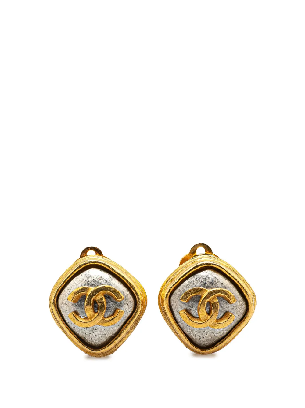 Pre-owned Chanel 1997 Gold Plated Cc Rhombus Clip On Earrings Costume Earrings