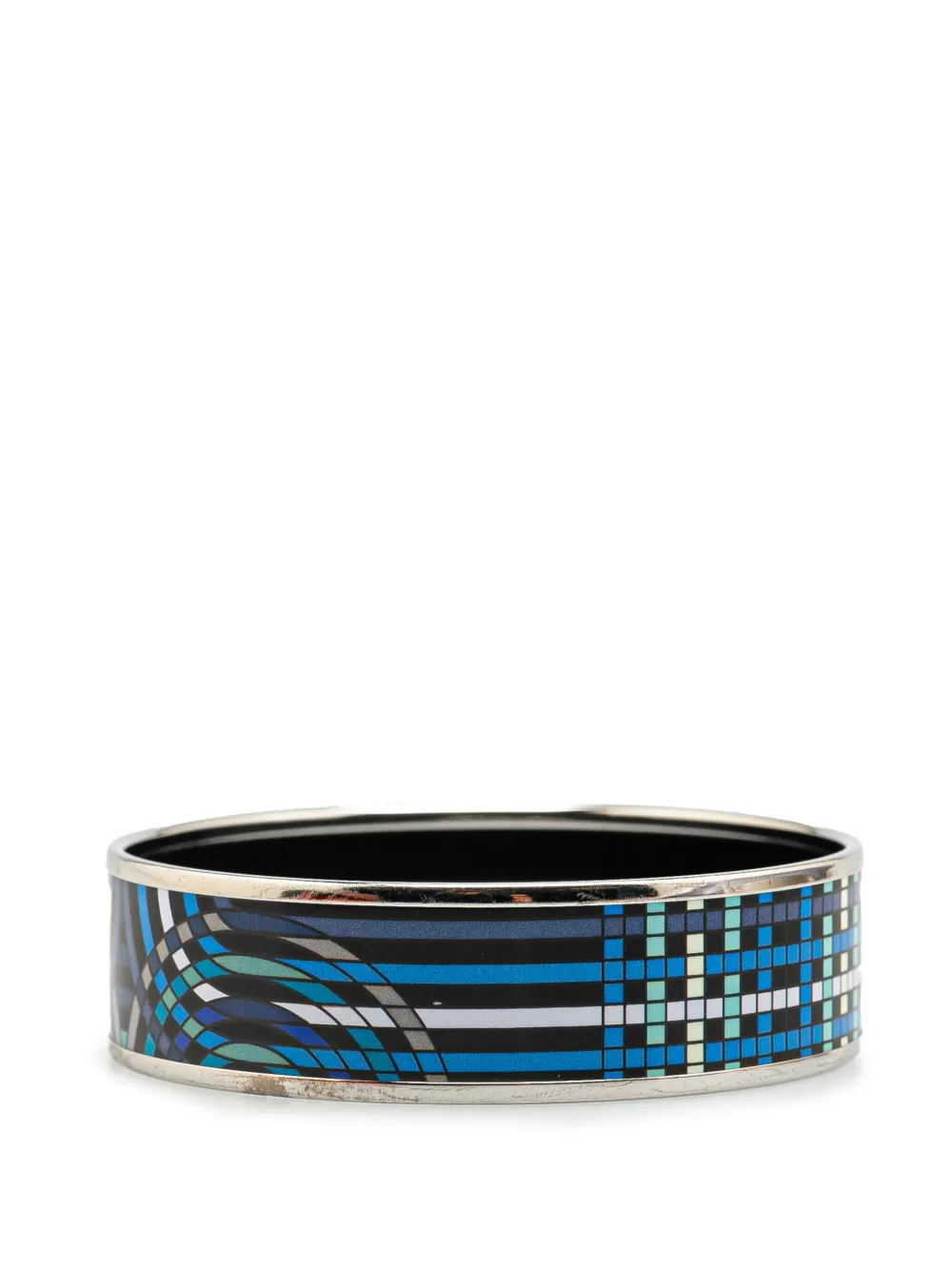 Pre-owned Hermes 20th Century Wide Geometric Enamel Bangle 65 Costume Bracelet In Blue