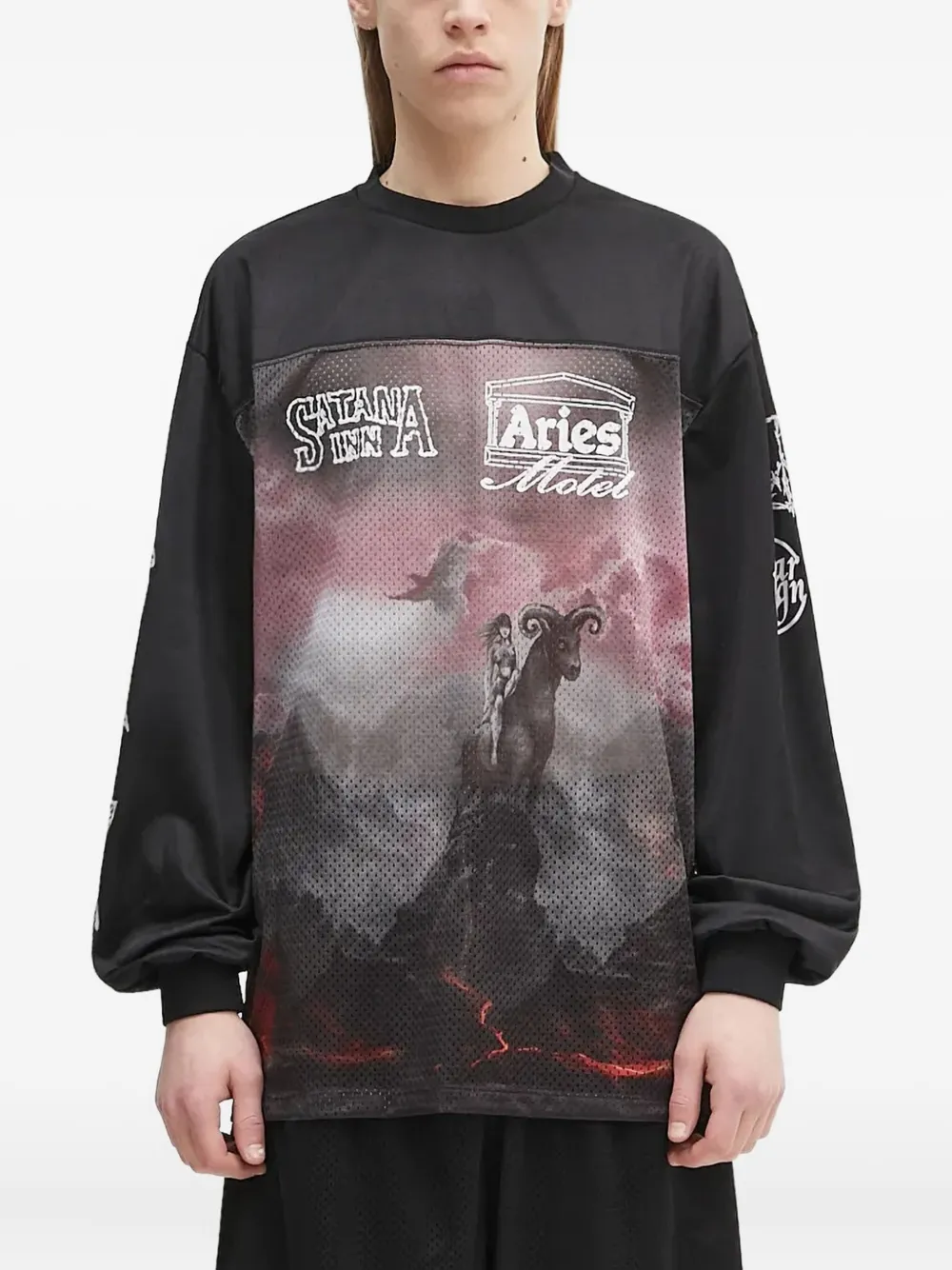 Aries mesh-panel graphic long-sleeve T-shirt | Black | Image 1
