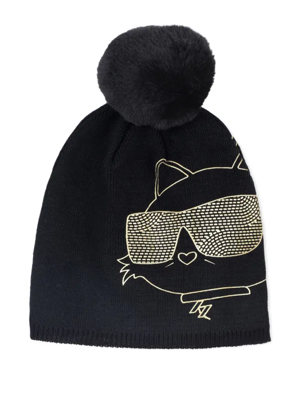 Karl Lagerfeld Black Knit Beanie with Choupette and Faux Fur Pom Karl Lagerfeld | Accessories | Nwt Karl Lagerfeld Black  main image 2