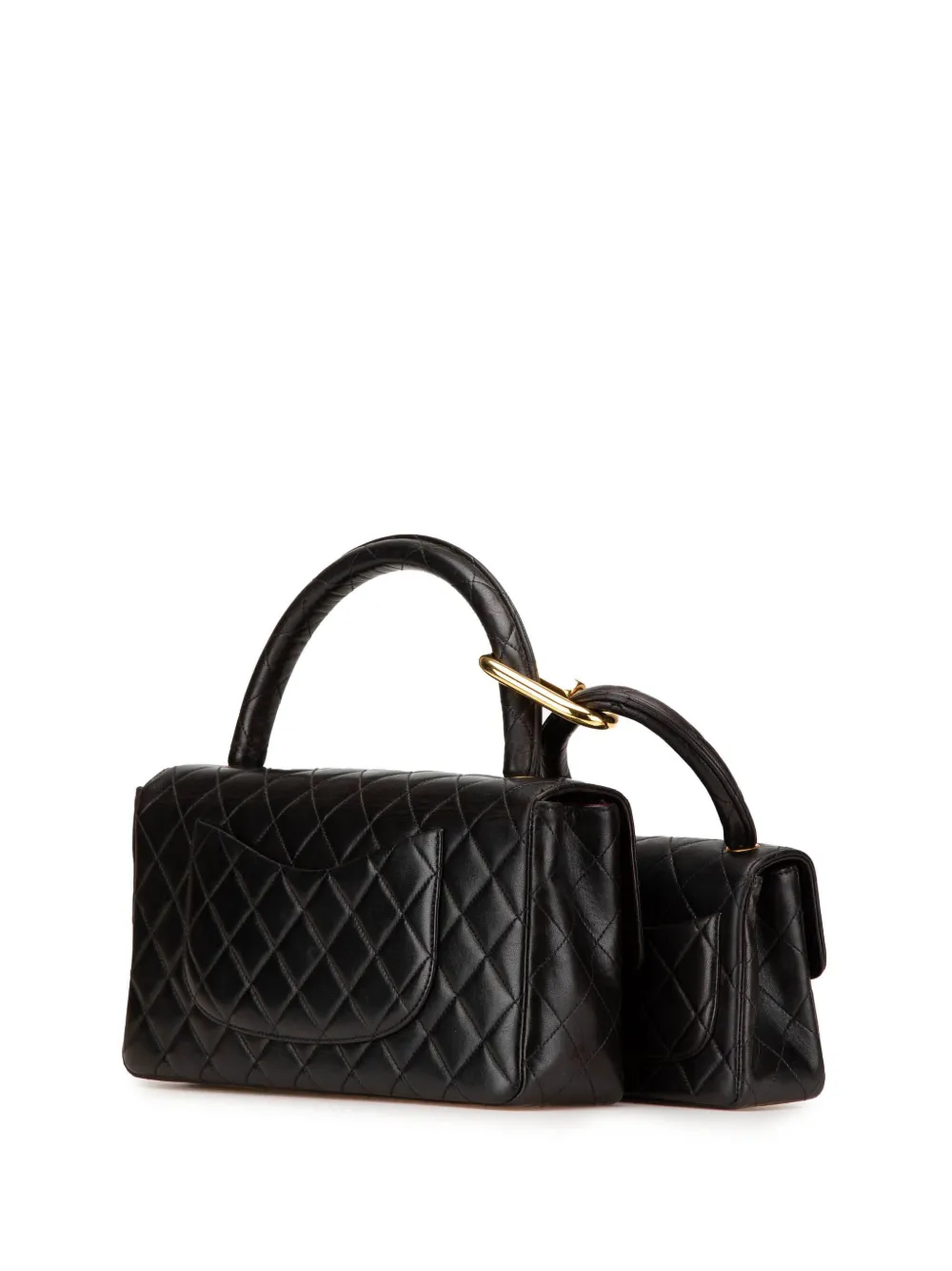 Pre-owned Chanel 1994-1996 Lambskin Parent Child Kelly Set Top Handle Bag Handbag In Black