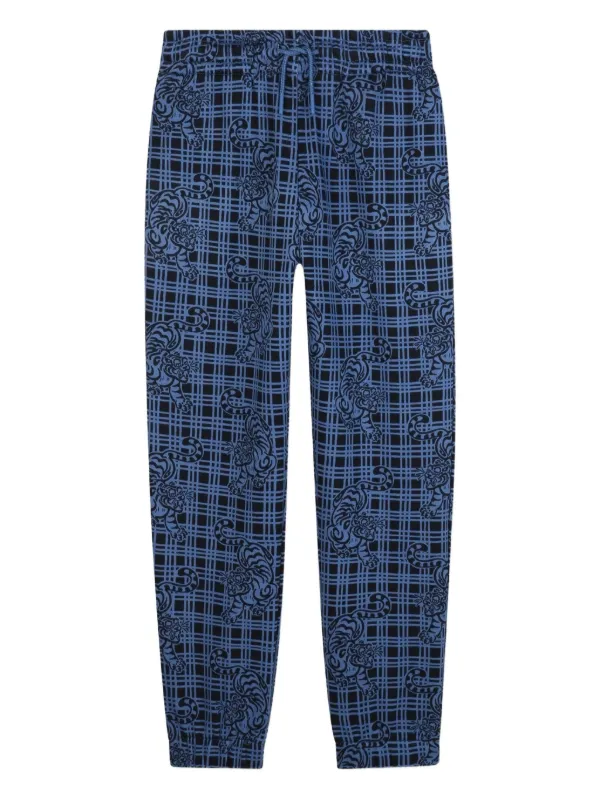 Kenzo Kids Calça Esportiva Xadrez Com Estampa De Tigre Azul