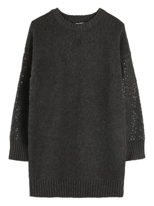dkny knitted dress DKNY Women's Black Rib-Knit V-Neck Long-Sleeve Sweater Dress Size Large