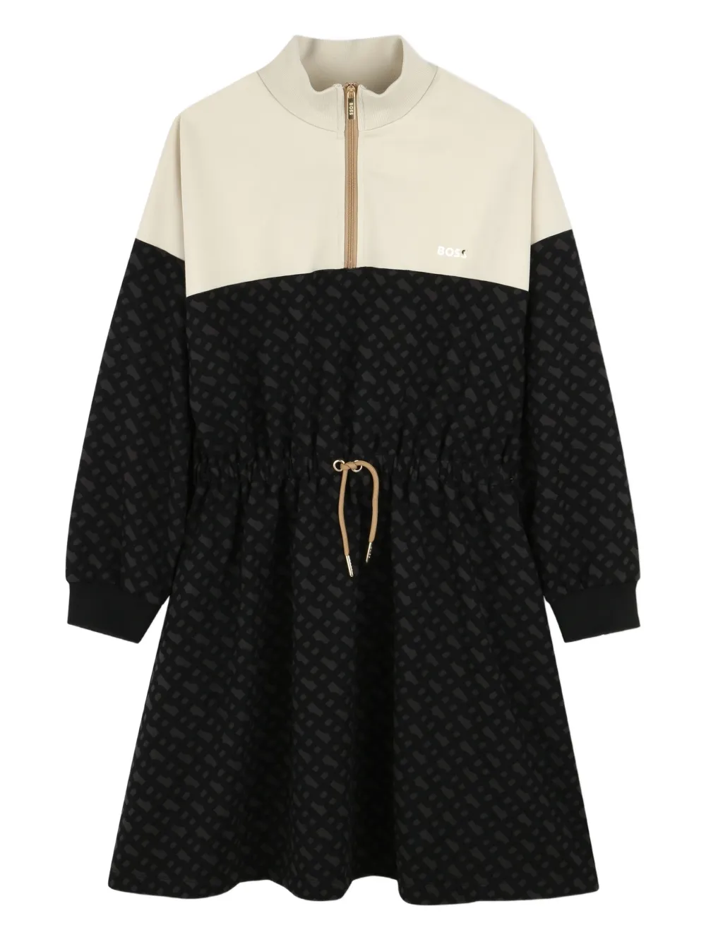 BOSS Kidswear Jurk met halve rits en vlakken en monogramprint Zwart