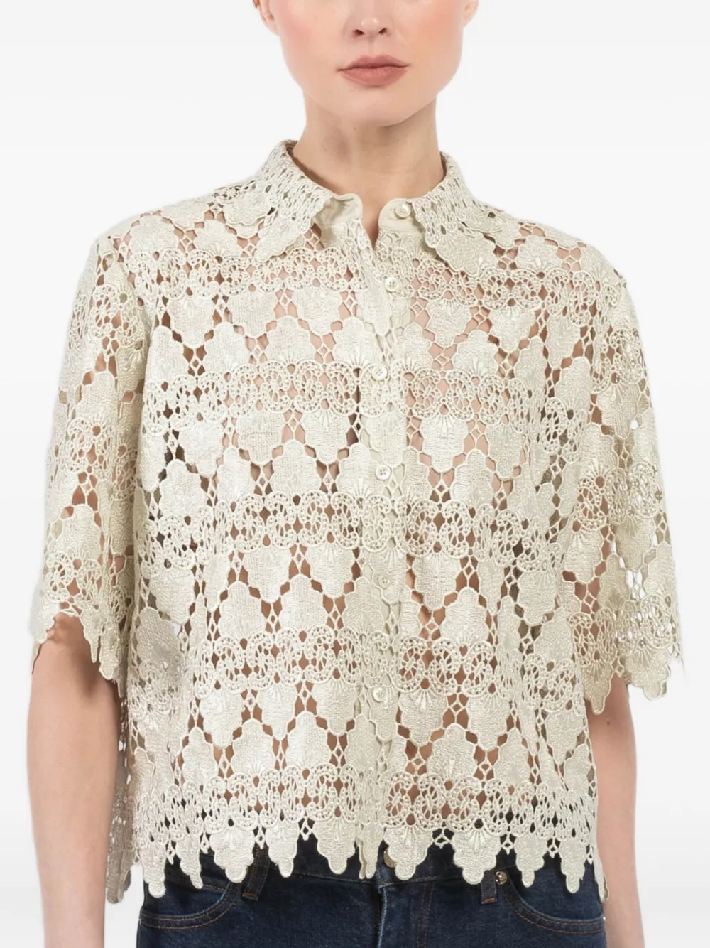 FRAME Gewelfde blouse met kant en korte mouwen Groen