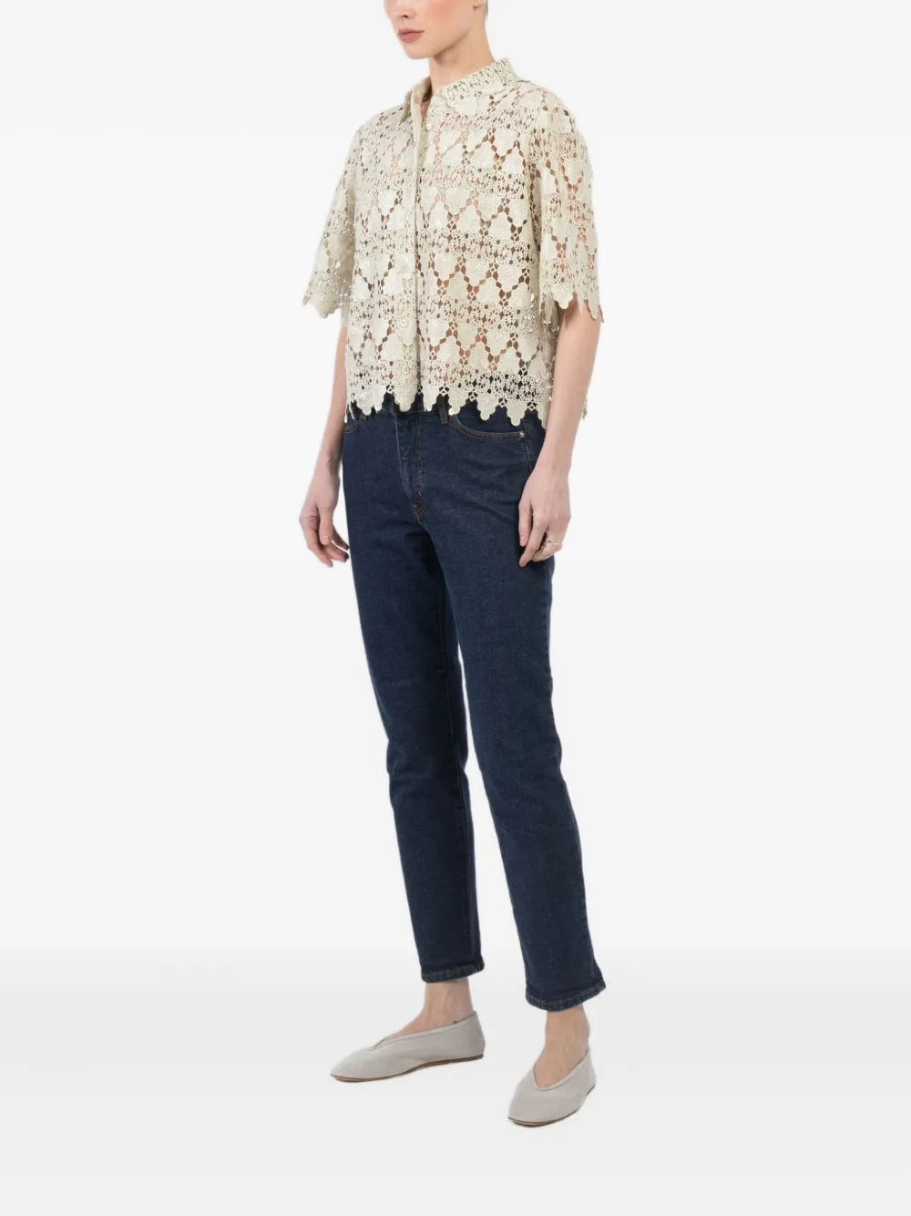 FRAME Gewelfde blouse met kant en korte mouwen Groen