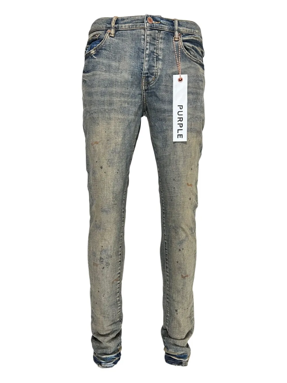P001 distressed paint-splatter jeans