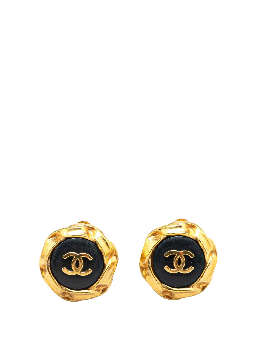 CHANEL Pre-Owned 1996 Gold Plated Acrylic CC Button Clip On Earrings CHANEL Pre-Owned 1996 Gold Plated Acrylic CC Button Clip On Earrings