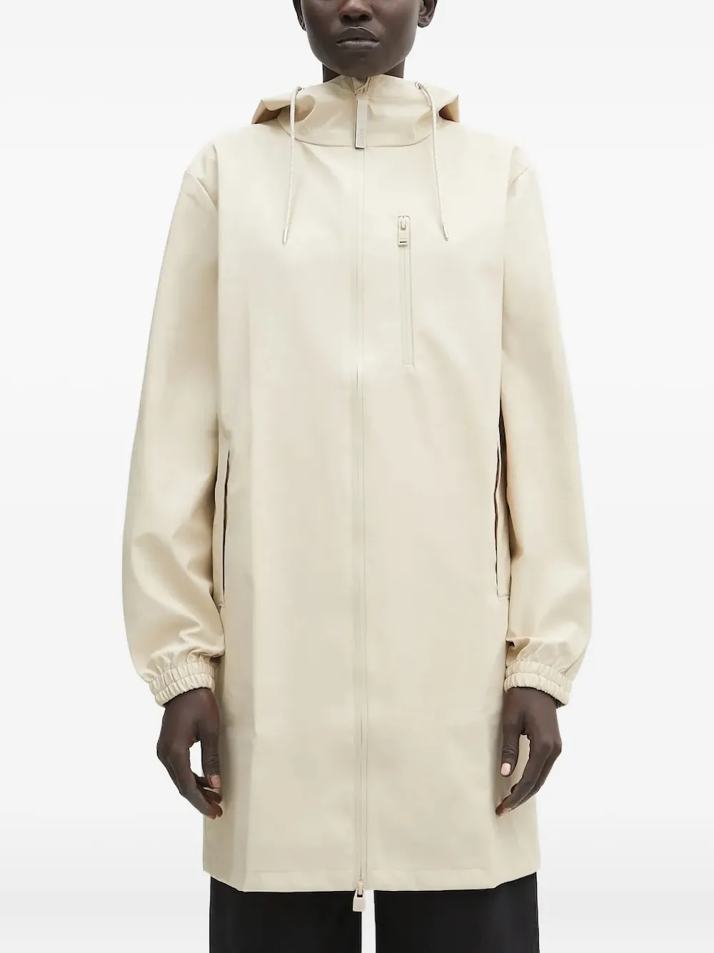 Rains Hooded Zip-front Trench Coat In Neutral