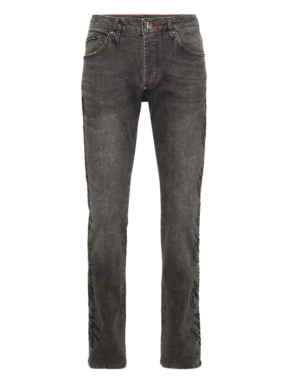 Philipp Plein cursive-embroidered straight-cut jeans | Grey | Image 1