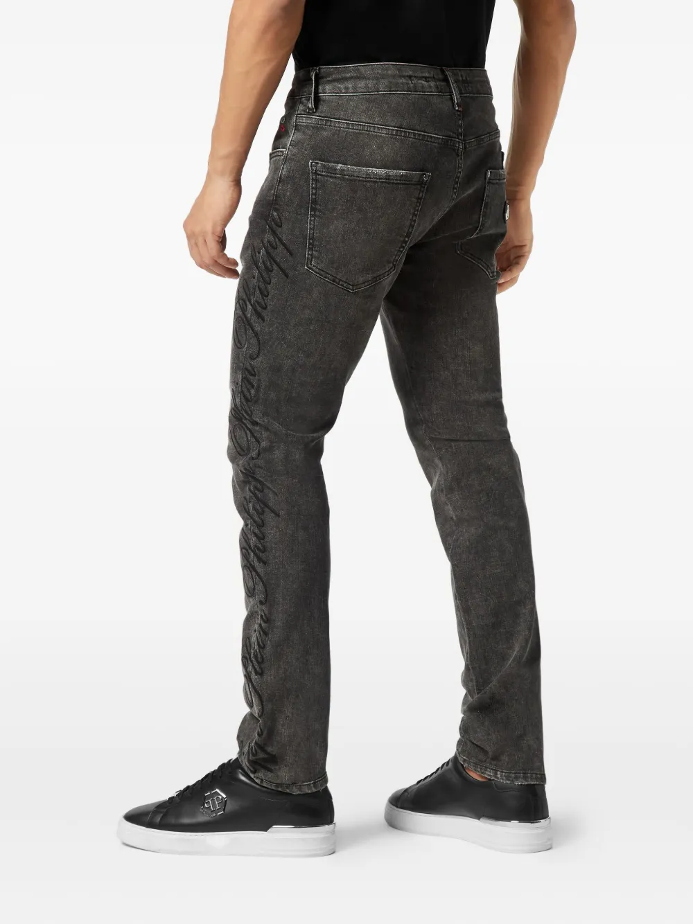 Philipp Plein Cursive-embroidered Straight-cut Jeans In Gray