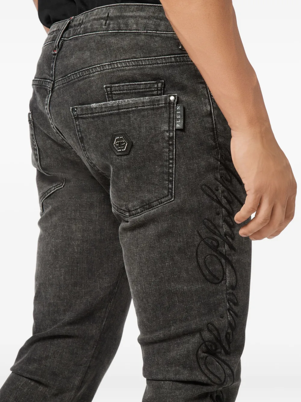 Philipp Plein Cursive-embroidered Straight-cut Jeans In Gray